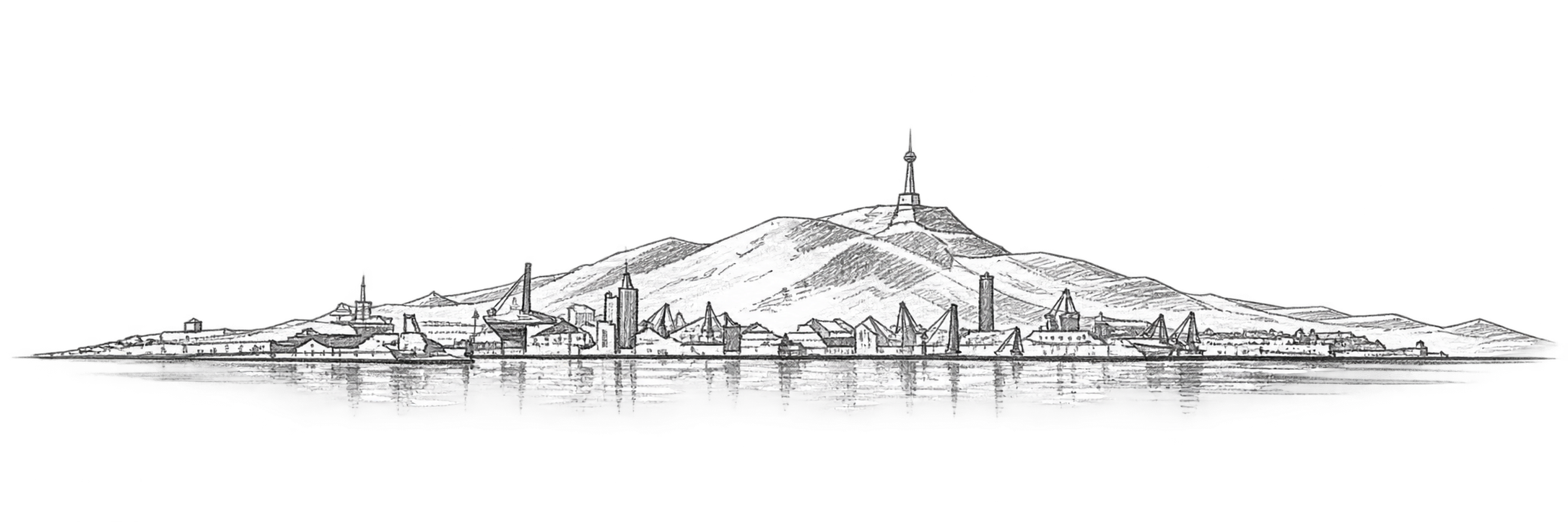 Карандашная зарисовка северного города у воды